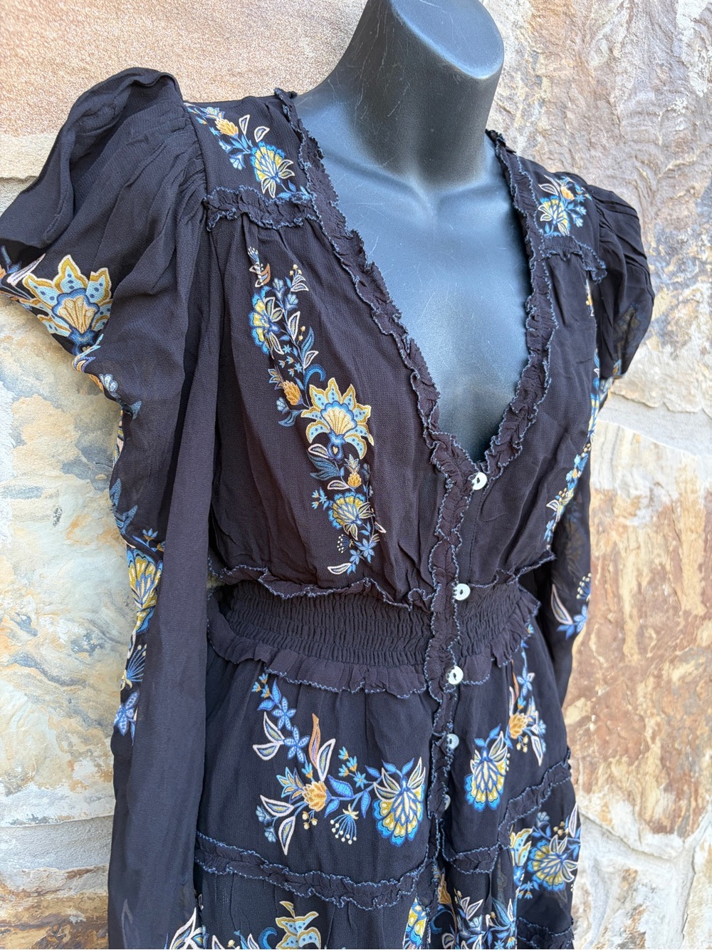 Farm Rio Black Stitched Garden Button Front Long Sleeve Mini Dress NWT XXS Fall - Picture 7 of 15